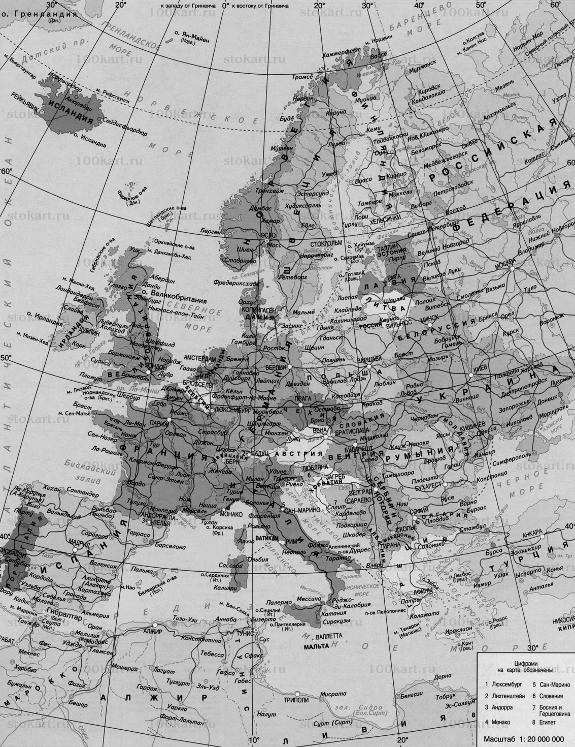 Карта Европы черно-белая